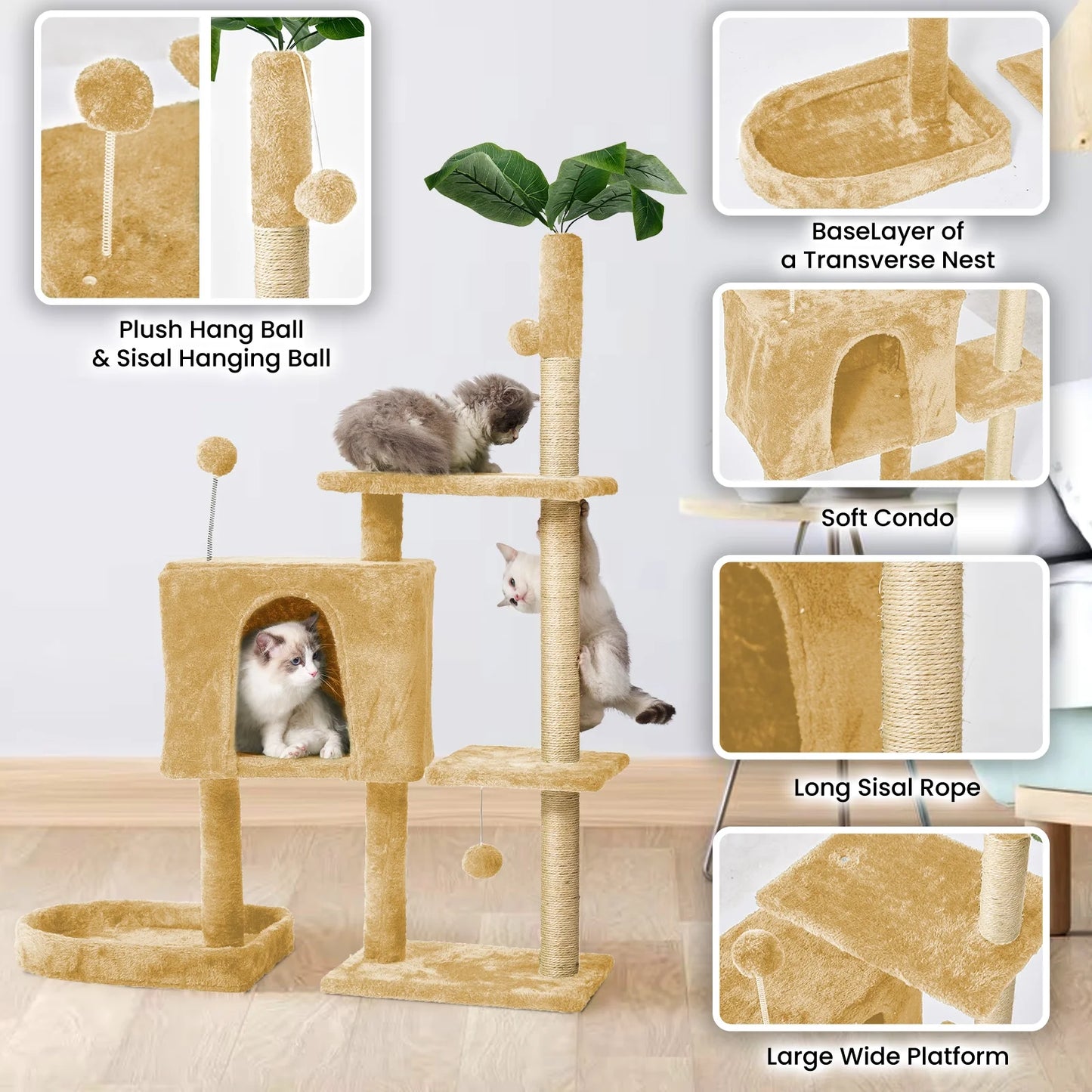 Cat Tree,52In Cat Tower for Indoor Cats, Cat Tree with Scratching Posts Plush Perch Stand, Cat Condo with Funny Toys Kittens Pet Play House,Dark Gray